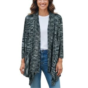 Tabi Chevron Linen Blend Longline Open Front Cardigan Large Heathered Blue